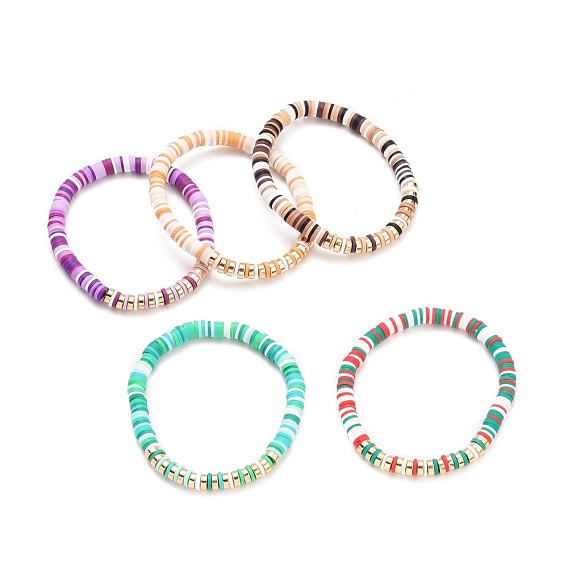 Handmade Polymer Clay Heishi Beaded Stretch Bracelets, with Light Gold Plated Electroplate Non-magnetic Synthetic Hematite Beads