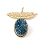Electroplated Natural Druzy Quartz Pendants, with Ion Plating(IP) 304 Stainless Steel Findings, Blue Plated, Leaf & Oval