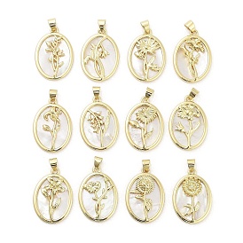 Rack Plating Brass Pave Shell Pendants, Oval with Flower Charms, Long-Lasting Plated, Lead Free & Cadmium Free