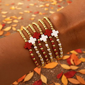 6шт. латунные круглые бусины, эластичные браслеты, Браслеты с подвесками в виде стеклянных крестиков для женщин