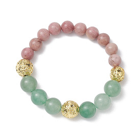 Round Natural Green Aventurine & Rhodonite Beaded Stretch Bracelets, Round Coin Brass Bracelets for Women