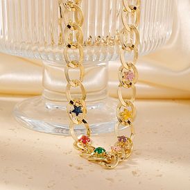 Colorful Star Brass Curb Chain Necklace, European and American Hip-hop Style, Cute and Luxurious