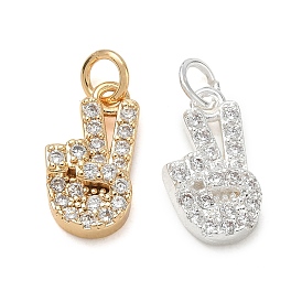 Brass Micro Pave Clear Cubic Zirconia Pendants, Peace Hand Sign Charms