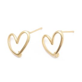 Rack Plating Brass Stud Earring Findings, Cadmium Free & Lead Free, Long-Lasting Plated, Heart