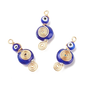 Handmade Lampwork Evil Eye Pendants, with Brass Grade A Rhinestone Spacer Beads and Copper Wire, Musical Note