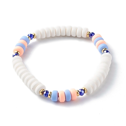 Handmade Polymer Clay Beads Stretch Bracelets, with Brass Spacer Beads and Electroplate Glass Beads