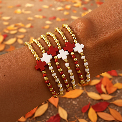 6шт. латунные круглые бусины, эластичные браслеты, Браслеты с подвесками в виде стеклянных крестиков для женщин