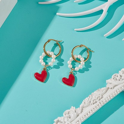Shell Pearl Beaded Ring with Alloy Heart Dangle Hoop Earrings, Golden Brass Long Drop Earrings for Women