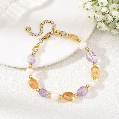 Pulseras de cuentas de amatista natural y citrino pulidas mediante tratamiento térmico., con cuentas de perlas naturales, pepitas