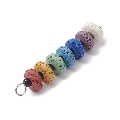 Chakra Natural Lava Rock Dyed Beaded Pendants, with Glass Seed Beads, Disc Charms, Platinum