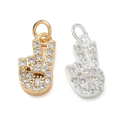 Brass Micro Pave Clear Cubic Zirconia Pendants, Peace Hand Sign Charms
