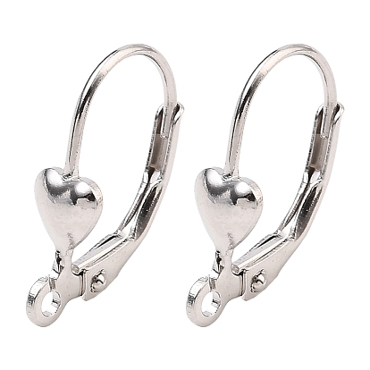 925 Sterling Silver Leverback Earring Findings, Heart, with Loop, Rack Plating, Long-Lasting Plated