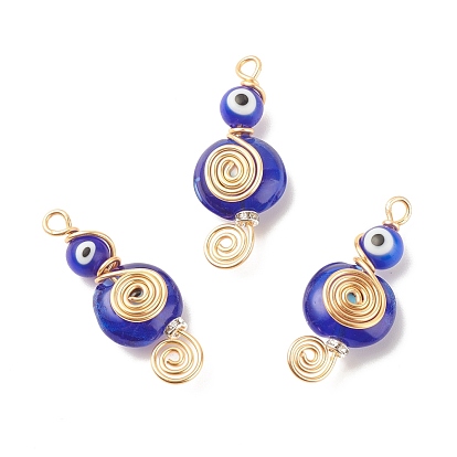 Handmade Lampwork Evil Eye Pendants, with Brass Grade A Rhinestone Spacer Beads and Copper Wire, Musical Note