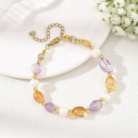 Pulseras de cuentas de amatista natural y citrino pulidas mediante tratamiento térmico., con cuentas de perlas naturales, pepitas