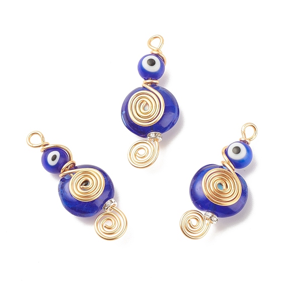 Handmade Lampwork Evil Eye Pendants, with Brass Grade A Rhinestone Spacer Beads and Copper Wire, Musical Note