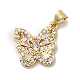 Rack Plating Brass Micro Pave Cubic Zirconia Pendant, Long-Lasting Plated, Cadmium Free & Lead Free, Butterfly