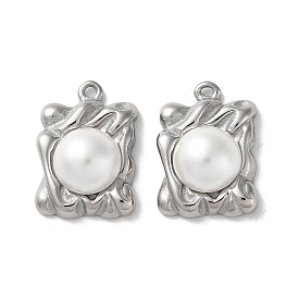 304 Stainless Steel Pendants, with ABS Plastic Pearl, Rectangle Charm