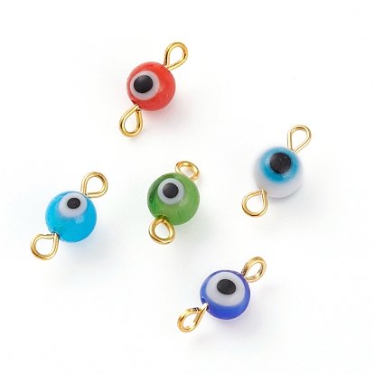 Handmade Evil Eye Lampwork Links Connectors, with Golden Tone Iron Eye Pin Findings
