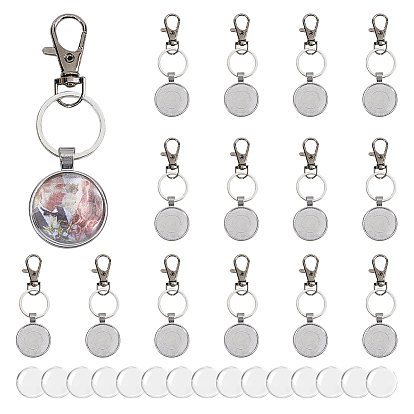 30шт. брелки из сплава, плоско-круглые, с поворотными карабинами из сплава, железными кольцами и стеклянными кабошонами