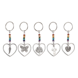 Heart with Wing/Cross/Tree of Life/Butterfly Alloy Pendant Keychain, with Chakra Gemstone Chip and Iron Split Key Rings