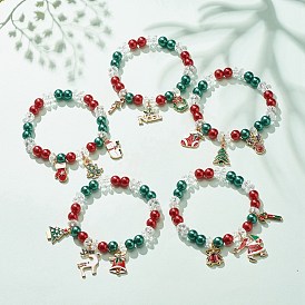 5 piezas 5 estilos conjuntos de pulseras elásticas con cuentas acrílicas navideñas, Pulseras apilables con dijes esmaltados de aleación de Papá Noel y muñeco de nieve para mujeres y hombres