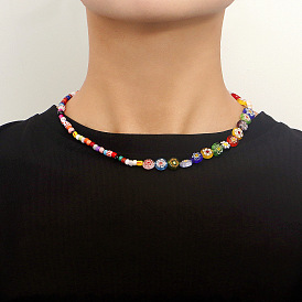 Fashionable Beaded Lock Collar Necklace for Couples - Rainbow Flower Pendant, Glass, Summer.