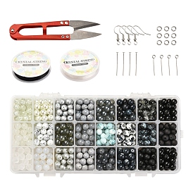 DIY Bracelets & Earring Making Kits, Including Gradient Color Glass Beads, Brass Earring Hooks, Iron Pins, Elastic Crystal Threads and Stainless Steel Scissors