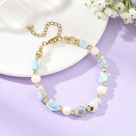 Pulseras con cuentas de pepitas de larimar natural y perlas de agua dulce de patata.