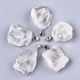 Raw Rough Natural Quartz Crystal Pendants, Rock Crystal Pendants, with Platinum Plated Iron Bails, Nuggets