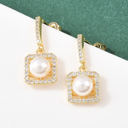 Квадратные серьги-гвоздики с подвесками из прозрачных кубических цирконий с микропаве из латуни, с акриловой имитация жемчуга, долговечный, стойки покрытие, без кадмия и без свинца