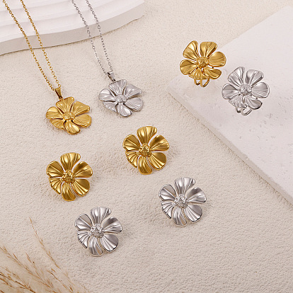 304 Наборы подвесок, сережек-гвоздиков и колец из нержавеющей стали, цветок