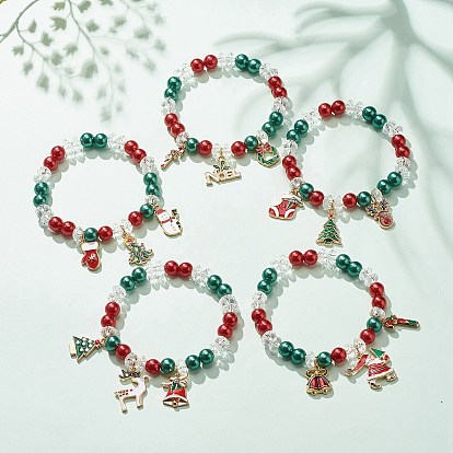 5 piezas 5 estilos conjuntos de pulseras elásticas con cuentas acrílicas navideñas, Pulseras apilables con dijes esmaltados de aleación de Papá Noel y muñeco de nieve para mujeres y hombres