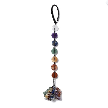 7 Chakra Flat Round Natural Gemstone Pendant Decoration, Braided Thread and Gemstone Chip Tassel Hanging Ornaments