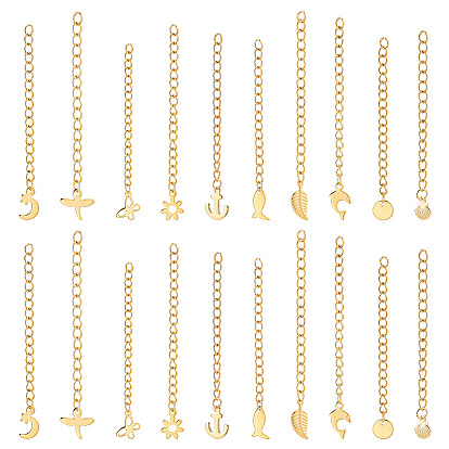 20 шт. 10 стиль 304 удлинитель цепи из нержавеющей стали, бордюрная цепь с 202 подвесками из нержавеющей стали для концевых цепей, луна и звезда и дельфин и стрекоза и цветок