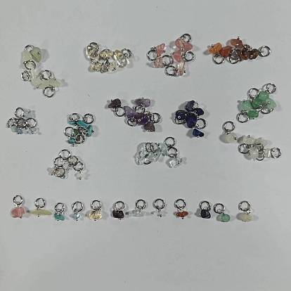 72 piezas 12 colores mezclados con piedras preciosas y chips de vidrio colgantes, con accesorios de latón y anillos de salto de acero inoxidable, Platino, mezclado teñido y sin teñir