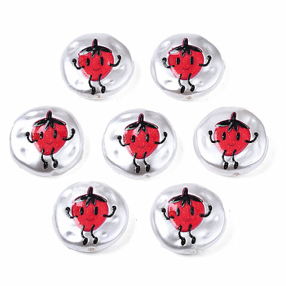 3D Printed ABS Plastic Imitation Pearl Beads, Flat Round with Strawberry