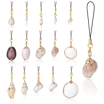 15 шт. 15 стили гальванизированные натуральные смешанные ремешки для мобильных телефонов, формы раковины, золотые