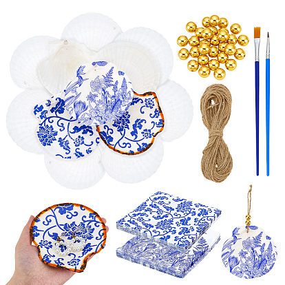 Наборы для самостоятельного изготовления украшений, В комплект входят 12шт. натуральной ракушки, 24шт. 2 цветные бумажные салфетки, 1 связка джутового шнура, 2 шт. художественных кистей для рисования, 30пластиковые бусины шт.