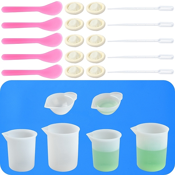 Наборы инструментов для ювелирных изделий из эпоксидной смолы, включая силиконовый коврик, чашки для смешивания и мерные чашки, пластиковая пипетка и косметическая лопаточка, одноразовые латексные детские кроватки