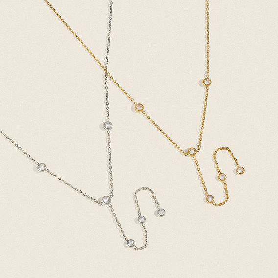 Европейский 304 ожерелья из нержавеющей стали с прозрачными кубическими цирконами, плоскими круглыми, с кисточками