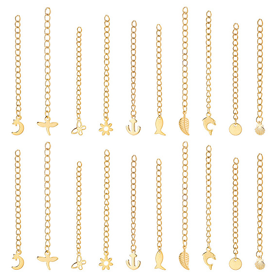 20 шт. 10 стиль 304 удлинитель цепи из нержавеющей стали, бордюрная цепь с 202 подвесками из нержавеющей стали для концевых цепей, луна и звезда и дельфин и стрекоза и цветок