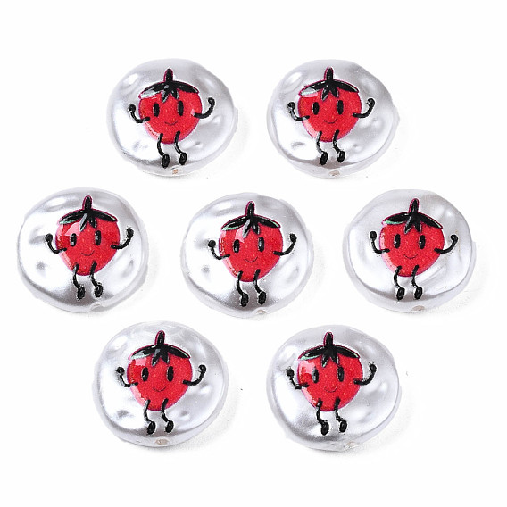 3D Printed ABS Plastic Imitation Pearl Beads, Flat Round with Strawberry