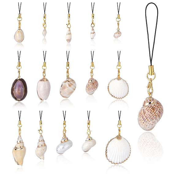 15 шт. 15 стили гальванизированные натуральные смешанные ремешки для мобильных телефонов, формы раковины, золотые