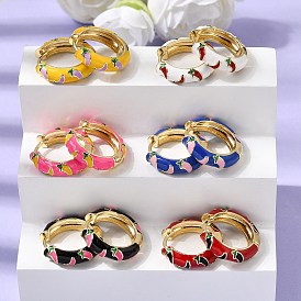 Hot Pepper Pattern Brass Enamel Hoop Earrings, Rack Plating, Long-Lasting Plated, Cadmium Free & Lead Free, Real 18K Gold Plated