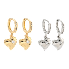 Heart Brass Micro Pave Clear Cubic Zirconia Huggie Hoop Dangle Earrings for Women