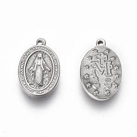 304 breloques religieuses en acier inoxydable, ovale avec la Vierge Marie