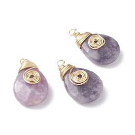 Pendentifs en lépidolite naturelle enveloppés de fil de cuivre, réel 18 k plaqué or, lilas, larme