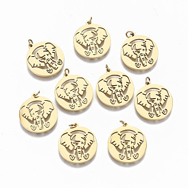 304 Stainless Steel Pendants, Laser Cut, with Jump Rings, Flat Round with Elephant
