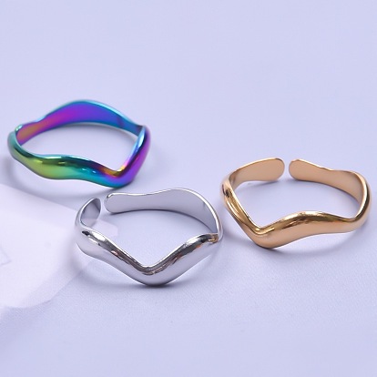 201 Stainless Steel Twist Wave Open Cuff Ring for Women