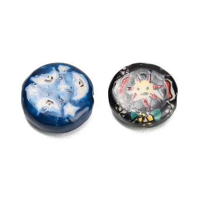 Фарфоровые бусины ручной работы, ручная роспись, Плоская круглая форма с узором в виде солнца/луны и звезды.